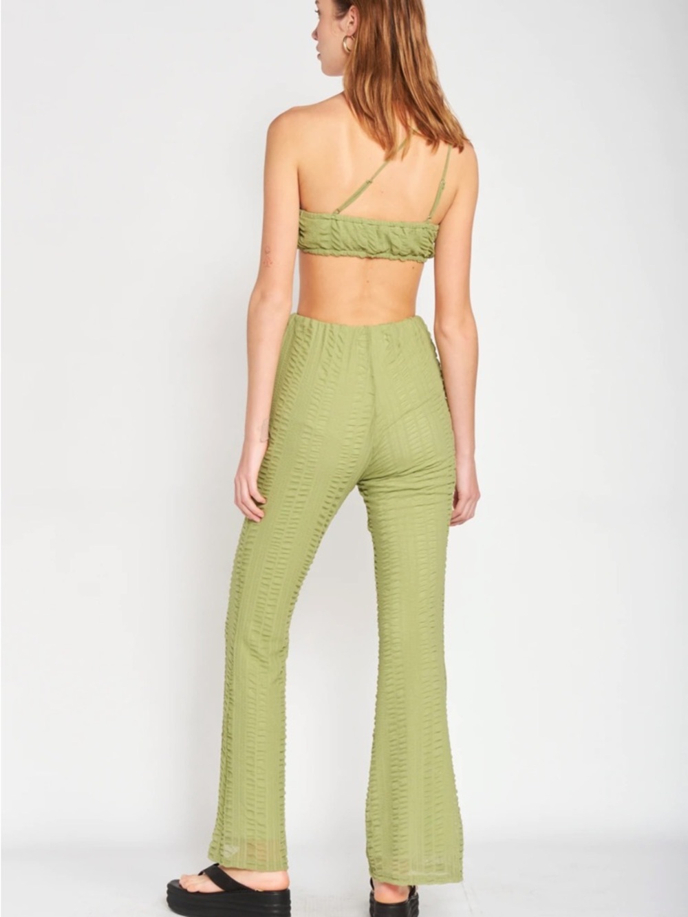 Olive Green Textured High-Waist Wide Leg Pants - Women - Picture 5 of 5